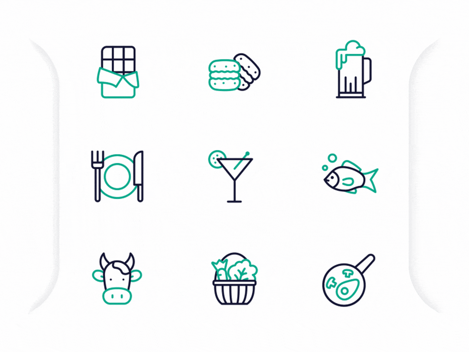 Food Animated Icons #1 2d animation animation beer chocolate cookies cooking cow drink fish food fork glass icon knife lottie microinteraction pint plate svg animation vegetables