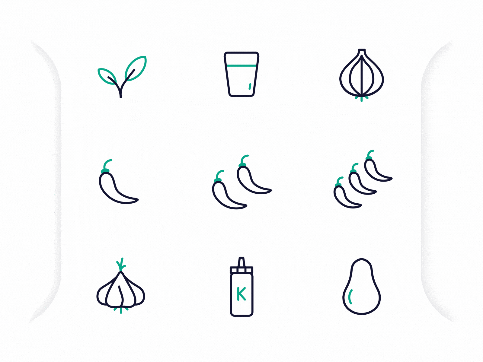 Food Animated Icons #7 animation animation 2d avocado bodymovin chilli garlic glass herb hot icon ketchup lottie microinteraction microinteractions motiongraphics onion svg animation vegan vegetarian water
