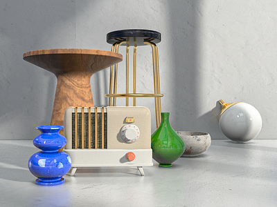 Home decor 3d branding c4d ceramics cinema 4d coffee table editorial illustration lamp lighting midcentury objects pottery radio render stool texture vase