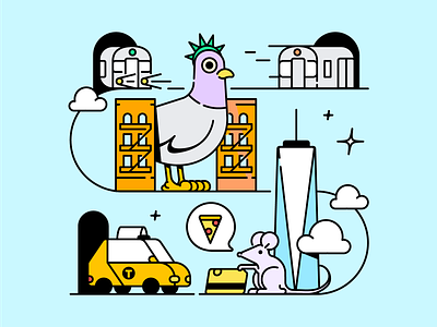 NYC branding editorial illustration line new york nyc pigeon pizza rat subway taxi
