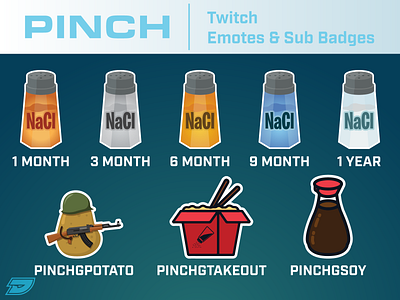 PinchGG Twitch Emotes/Sub Badges badge chat emote gun live livestream potato salt shaker soy soy sauce stream subscribe takeout tier twitch youtube