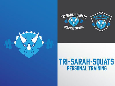 Tri • Sarah • Squats Personal Training badge branding dinosaur dumbbell gym logo mascot personal trainer personal training squat triceratops weights
