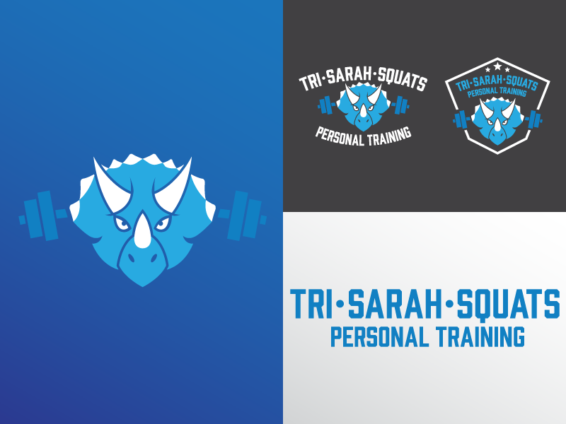 Tri • Sarah • Squats Personal Training weights dumbbell dinosaur squat mascot personal training badge branding logo personal trainer gym triceratops