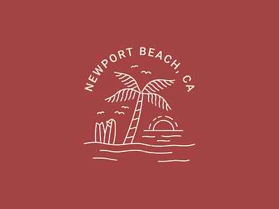 Newport Beach Illustration badge badge logo beach branding california coast illustration landscape logo minimal monoline nature newport beach ocean pacific palm tree sunset surfboard surfing
