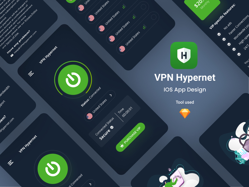 VPN Hypernet ( Dark Version ) app design app designer app designers appdevelopment application clean color creative design illustraion ios app ios app design mobile app mobile ui ui ux vpn app