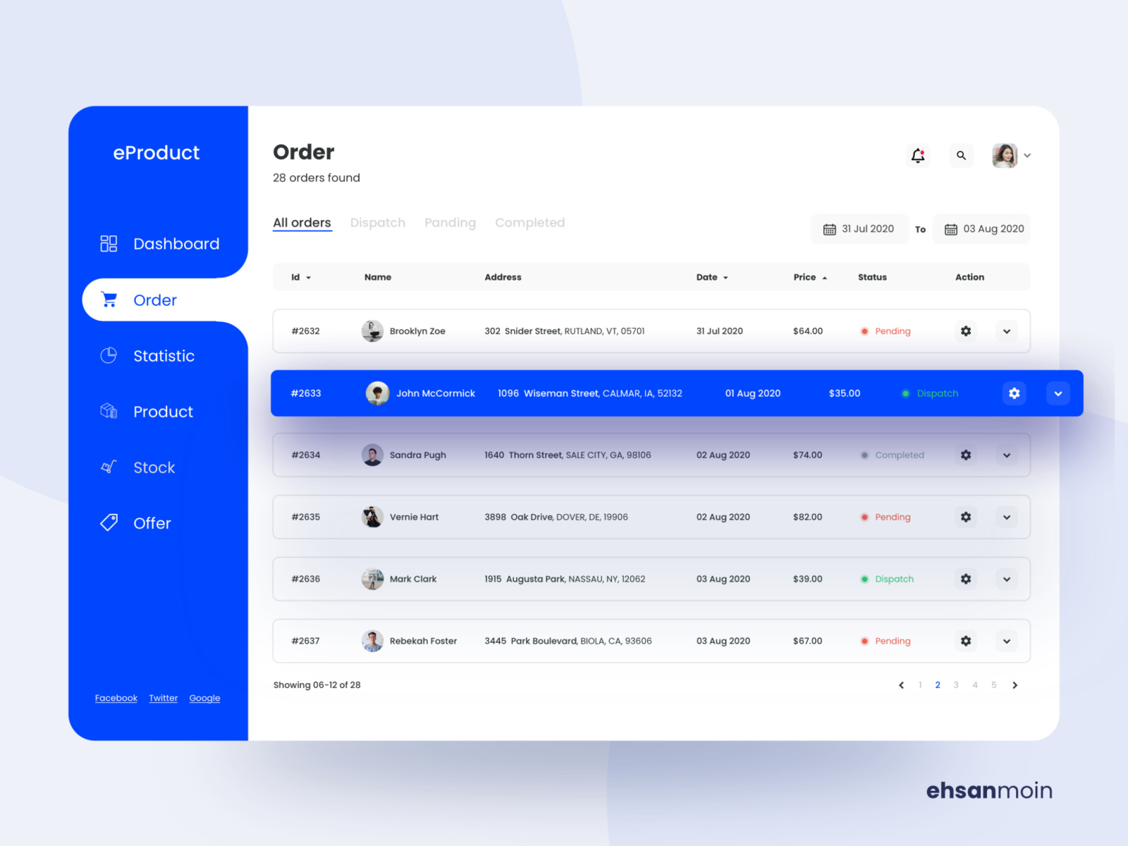 eProduct Admin Dashboard Design ( Order page ) by 𝐄𝐡𝐬𝐚𝐧 𝐌𝐨𝐢𝐧 on Dribbble