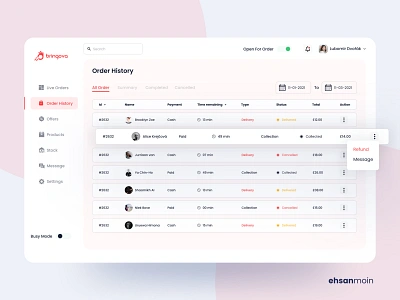 Order History - Admin Dashboard Design (Bringova) app design clean color creative dashboad dashboard app dashboard design dashboard ui design illustration landing page order history order management orders uidesign ux website