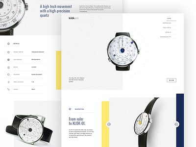 Klokers Watch display time e commerce item card landing page patent present ring ui ux watch webdesign yellow blue