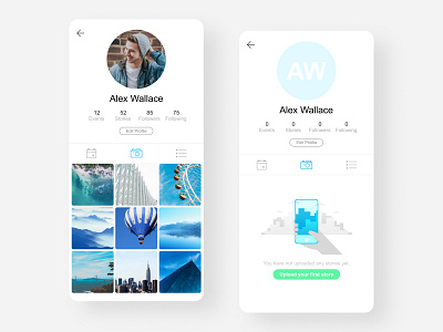 Profile blue branding clean app dailyui empty screen graphic illustration mobile photo app placeholder post profile stories typography ui ui motion upload ux ux process webdesign