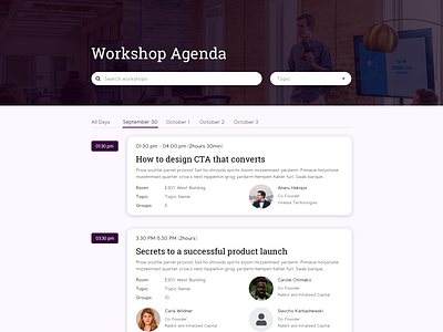 Agenda Page branding card design events ui ux website