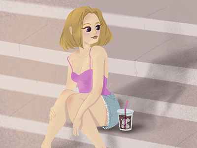 Waiting drawing girl iced coffee illustration