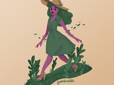 spring walking cartoon drawing girl green hat illustration plants purple spring