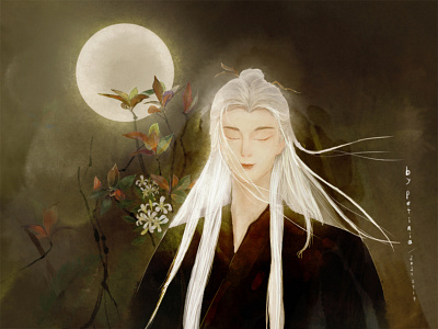 Man with moon chinese style illustration leaves man moon tree 人 古风 月亮 花