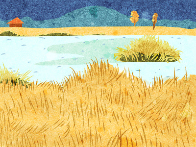 草海- 泸沽湖 插画，彩色 风景，