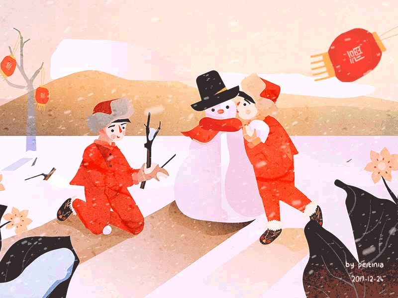 二胖亲雪人 节日，喜庆，红色，灯笼，欢乐