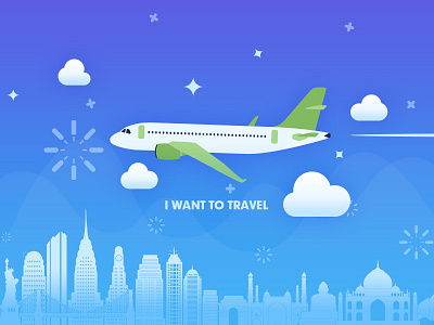 I want to travel aeroplane blue clean cloud fly illustration travel