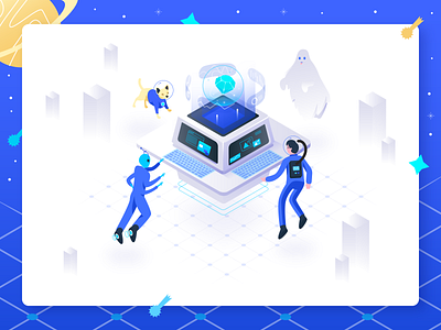 Noansa Isometric Illustration Header alien astronaut character character design design dog galaxy ghost gradient header illustration isometric isometric character isometric design isometric illustration space vector website