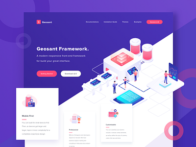 Geosant - CSS Framework Landing Page character cssframwork design header icon illustration isometric landingpage ui ux vector web