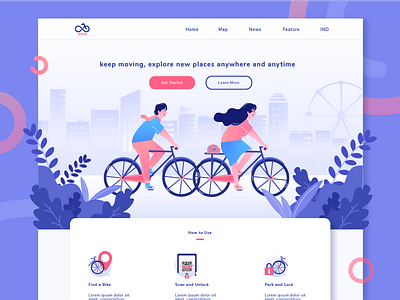 ONTEL - Sharing Bike Illustration Website activity bike character city design flat design flatillustration header icon illustration purple sharing ui vector website