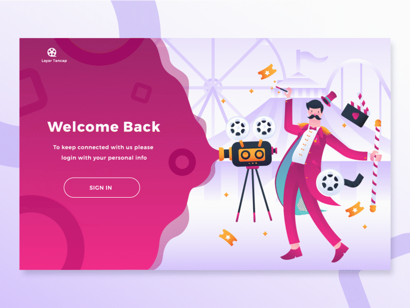 Login Page Illustration Exploration for Movie Website animated character circus design flatillustration gif gradient gradient design header illustration landingpage login magic movie ui vector website