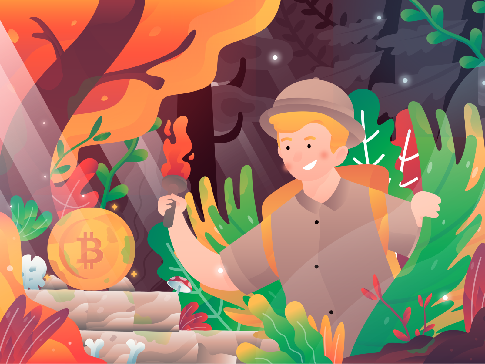 Bitcoin Concept Illustration adventure bitcoin character character design crypto currency design explorer flat design forest gradient header illustration plant ui vector website