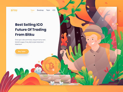 Bitku - Header Illustration for Crypto currency website advanture bitcoin character crypto crypto currency flat illustration forest gradient header illustration landing page nature plant vector website