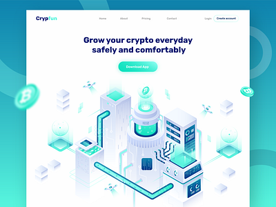 Cryptofun - Header Illustration for Cryptocurrency website 3d illustration bitcoin building crypto currency crypto trading design factory future gradient header illustration isometric isometric illustration landingpage ui vector web website