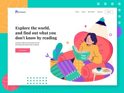 Kutubuku-Header Illustration book character character design colorful design flat design flat illustration fun header illustration joyful landingpage reading ui vector web website