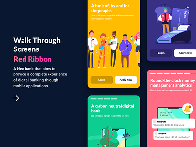 Walk Through screens for a Neo Bank android banking digital finance illustration ios login management mobile money onboarding sign up tech ui vector visual design