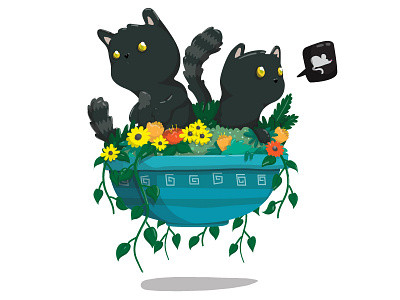 Cats In A Basket cats character illustration mouse