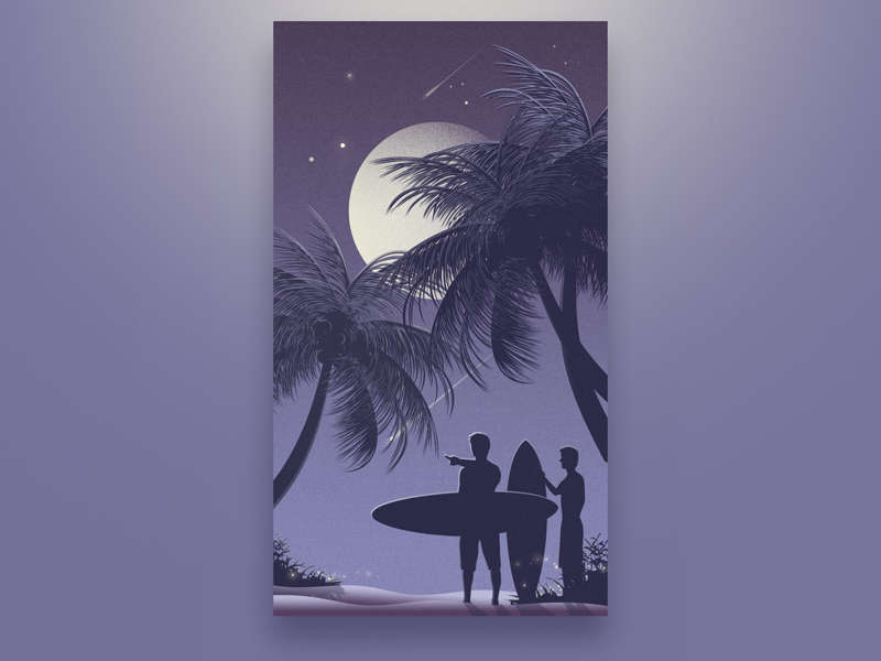 summer vacation beach boy coconut gradient illustration moon night sandy tree violet