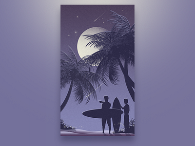 summer vacation beach boy coconut gradient illustration moon night sandy tree violet