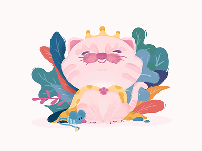 Cat Queen cat cloak crown illustration mouse pink plant queen
