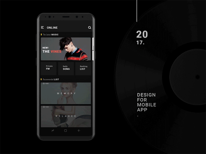 Online interface android app black demo design dynamic effect motion movie music ui ux