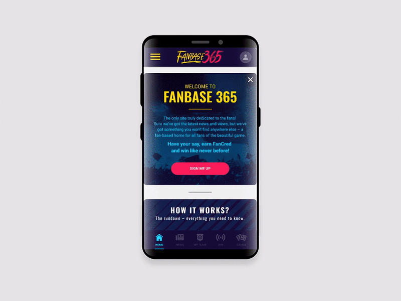 Fanbase homepage animation design football home screen ui ux