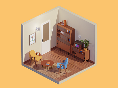 Living Room Nostalgia 366 3d 3dmodel 80s 90s art blender blender3d chair illustration interior isometric isometry lowpoly polish polish design prl retro vintage