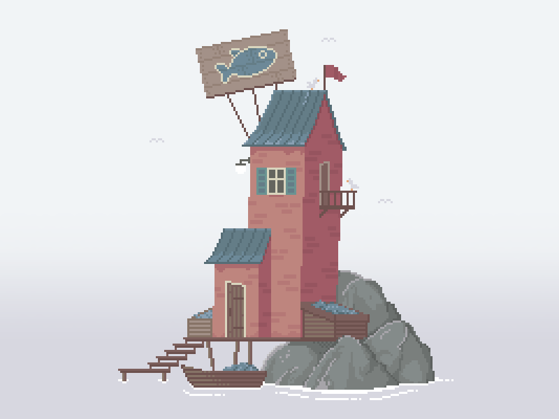 Fisherman's hut animated art fish fisherman game illustration mist moody old pixel pixelart store