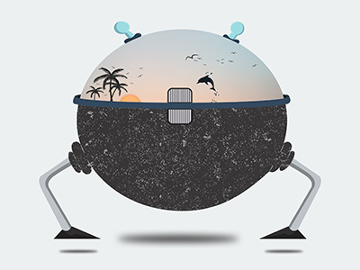 Space oasis dolphin illustrations palms space space ship sunset vector