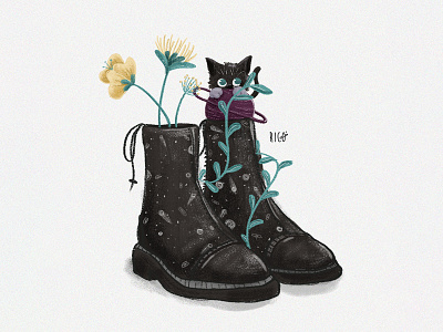 Cat In Black Boots animal art black boots cat cosmos digital art digital illustrations digital painting drawing flowers illustration myart space wacom intuos