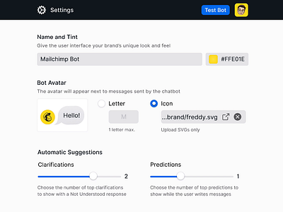 Avatar Options in Settings account preferences avatar bot configuration feedback motion options preview profile radio buttons settings sliders