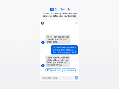 Chat Bot Switch artificial intelligence blue bot bubble buttons chat handoff message motion ui window