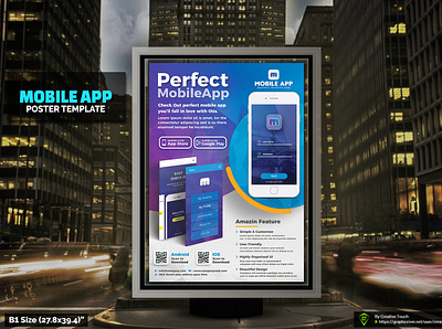 Mobile App Poster Template ad advert adverts android app application commerce concept corporate design digital flyer galaxy