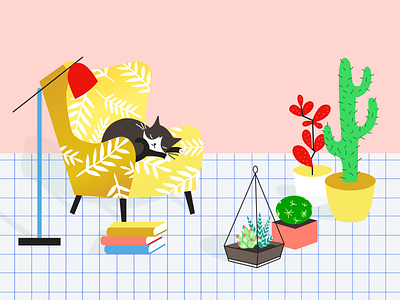 Succulent plants 2 cat illustration，succulent lamp lamp，floor plants，cat，book，cactus，floor