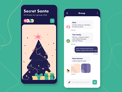 Secret Santa Messenger - Mobile app concept app arounda chat christmas color concept gift golden grid graph illustration interface messenger palette ratio santa sketch tree ui ux wishlist