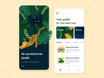 Travel assistant - Mobile app concept advisor app arounda assistant color concept golden grid guide illustration interface jungle leopard palette plants ratio sketch travel trip ui ux