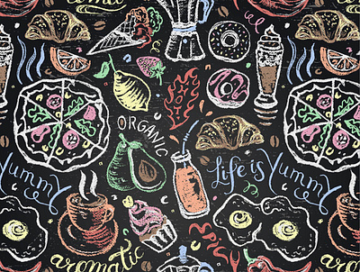 Food and drink seamless pattern adobe illustrator calligraphy chalk drawing chalkboard coffee food and drinks fruits illustration lettering menu pastel crayons pastels pastry pattern pizza print design quote restaurant menu retro