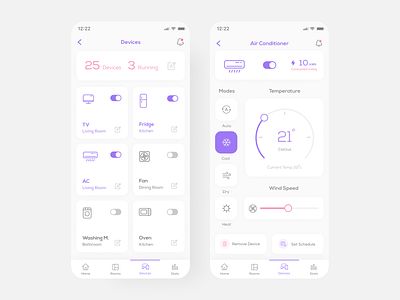 Smart Home App - Device Control Screens - Part 4 air condition air conditioner air conditioning app design dailyui devices hvac internet of things iot iot app iphone x minimal mobile ui smart device smart home smart home app smarthome ui design