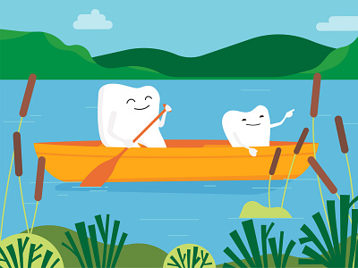 Happy First Day of Summer from the Alberta Dental Association boat canoe character dental design health hills illustration nature plants spring summer tooth vector water