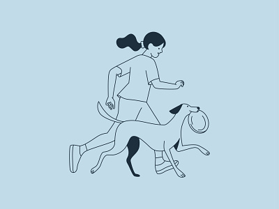 Running with dog child design dog frisbee girl health illustration linework nature outdoors people pet pitch play vector woman