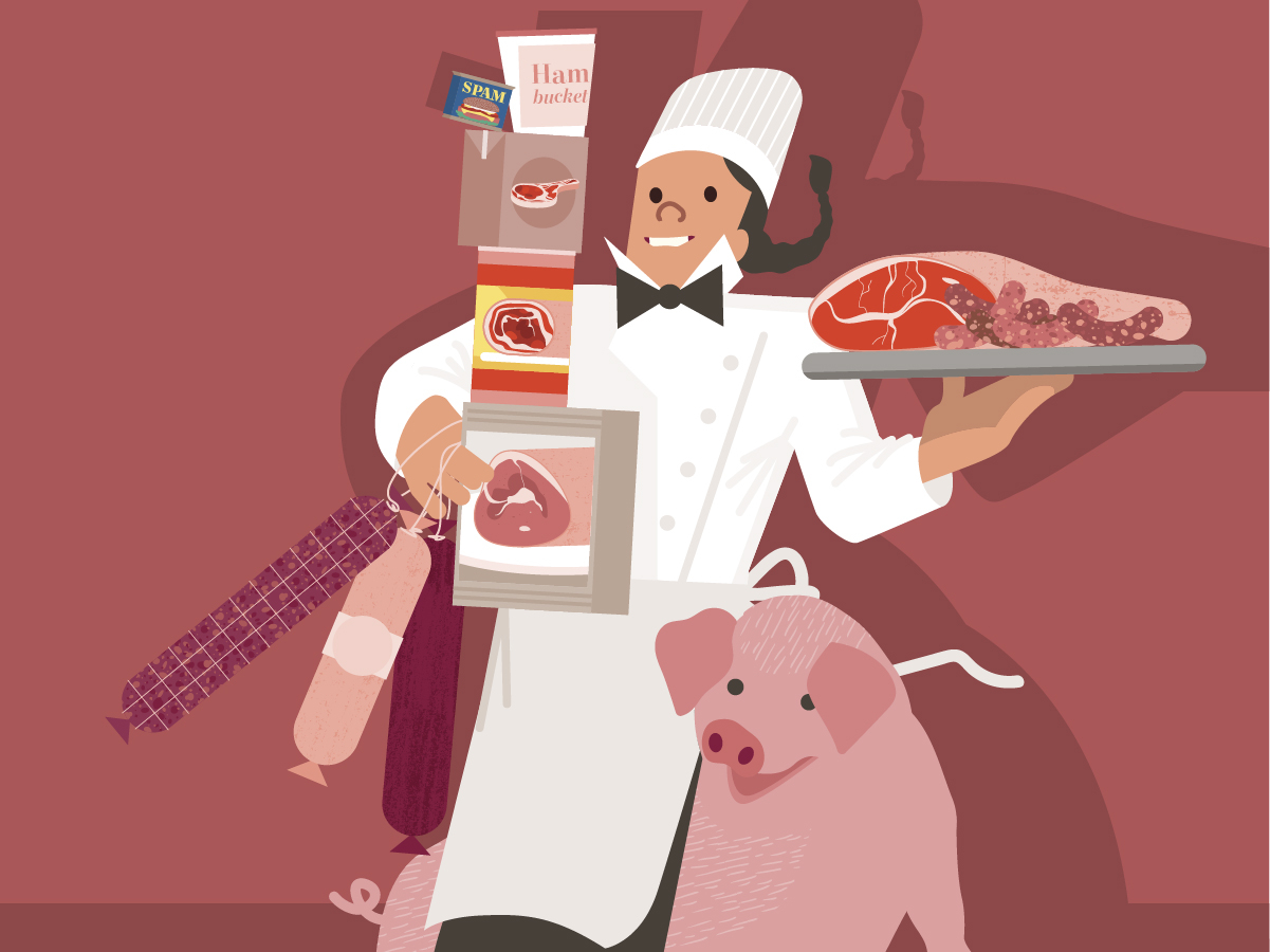 Vintage Pig Poster chef cook culinary design ham illustration man meat person pig pork poster sausage spam steak vector vintage woman